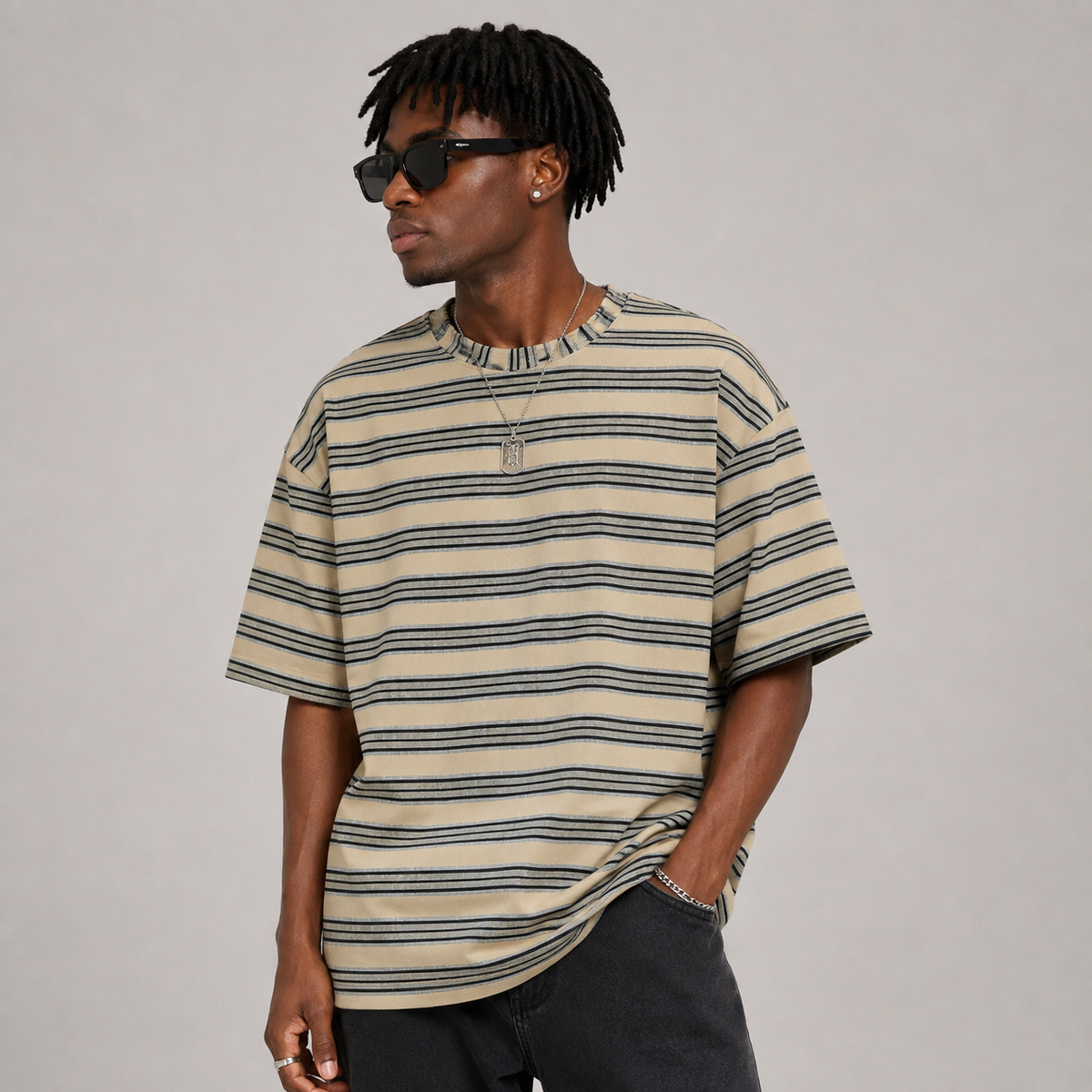 Beige & Black Striped Oversized T-Shirt