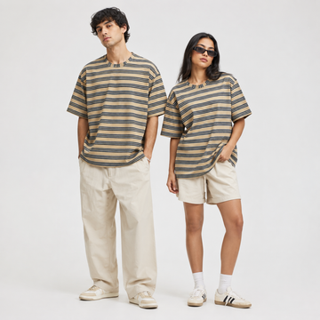 Beige & Black Striped Oversized T-Shirt