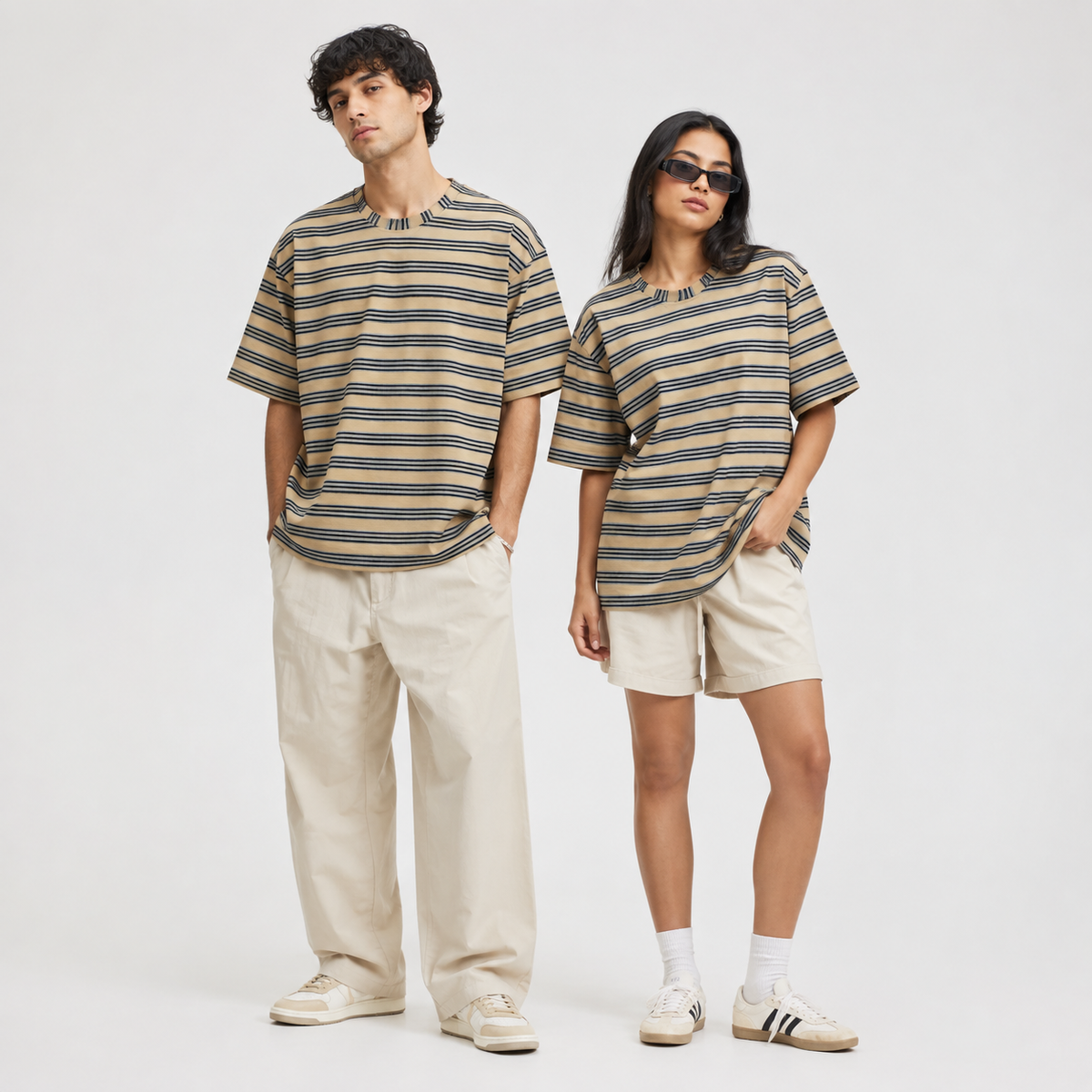 Beige & Black Striped Oversized T-Shirt