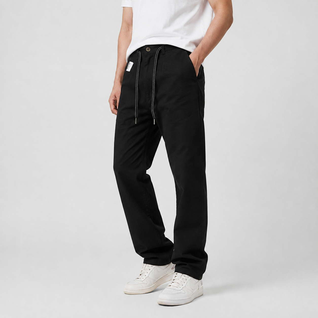 Black Drawstring Cotton Trousers - Pants - Semi-Baggy