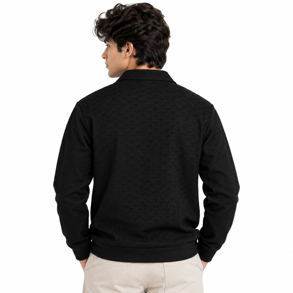 Black Jacquard Quarter-Zip Full Sleeve Tee | Relaxed Fit