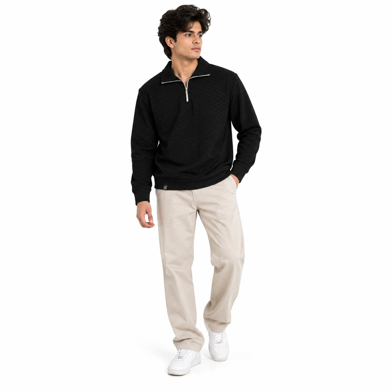 Black Jacquard Quarter-Zip Full Sleeve Tee | Relaxed Fit