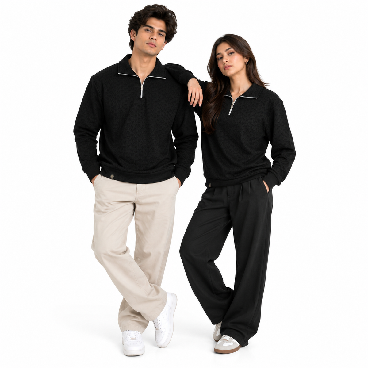 Black Jacquard Quarter-Zip Full Sleeve Tee | Relaxed Fit