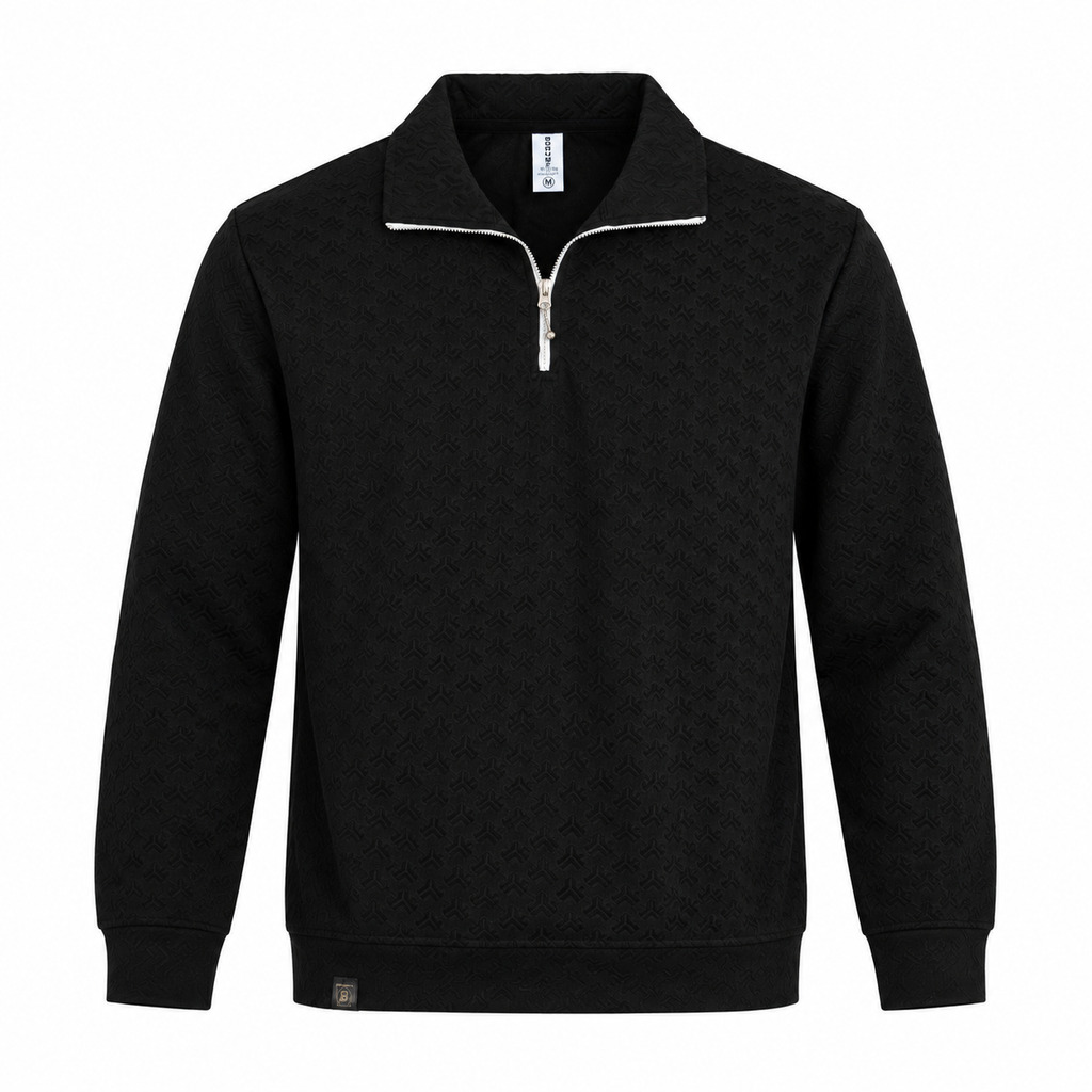 Black Jacquard Quarter-Zip Full Sleeve Tee | Relaxed Fit