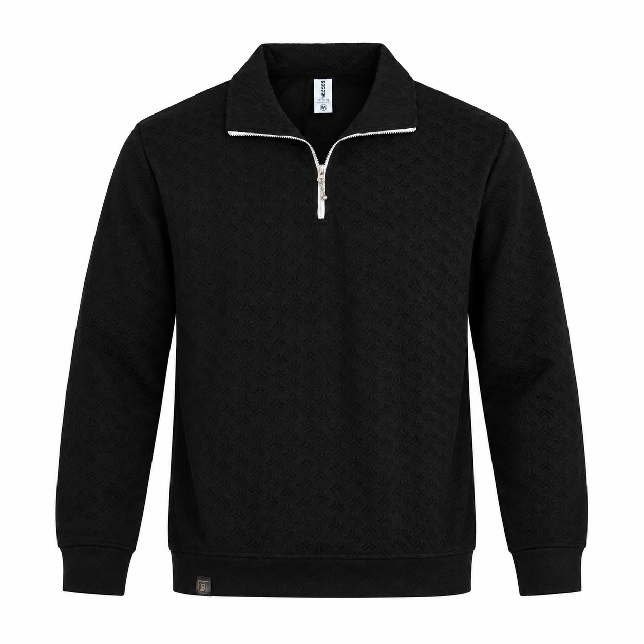 Black Jacquard Quarter-Zip Full Sleeve Tee | Relaxed Fit