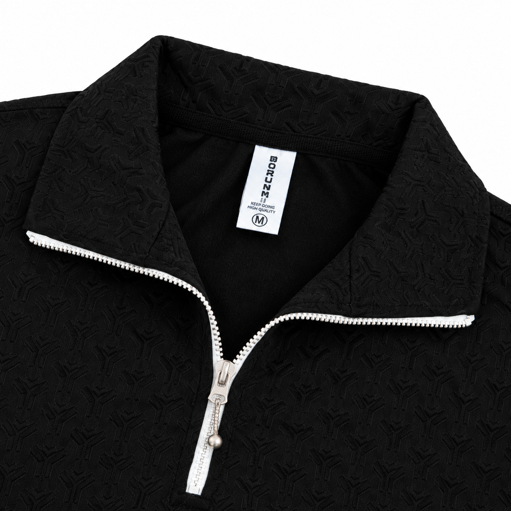 Black Jacquard Quarter-Zip Full Sleeve Tee | Relaxed Fit