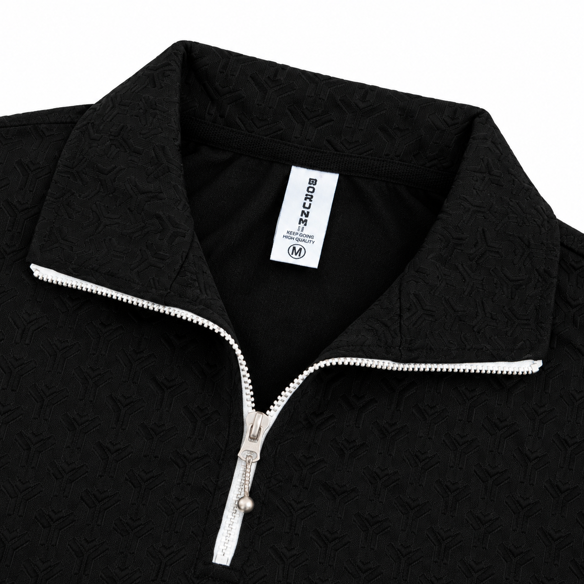 Black Jacquard Quarter-Zip Full Sleeve Tee | Relaxed Fit
