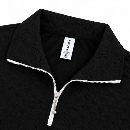 Black Jacquard Quarter-Zip Full Sleeve Tee | Relaxed Fit