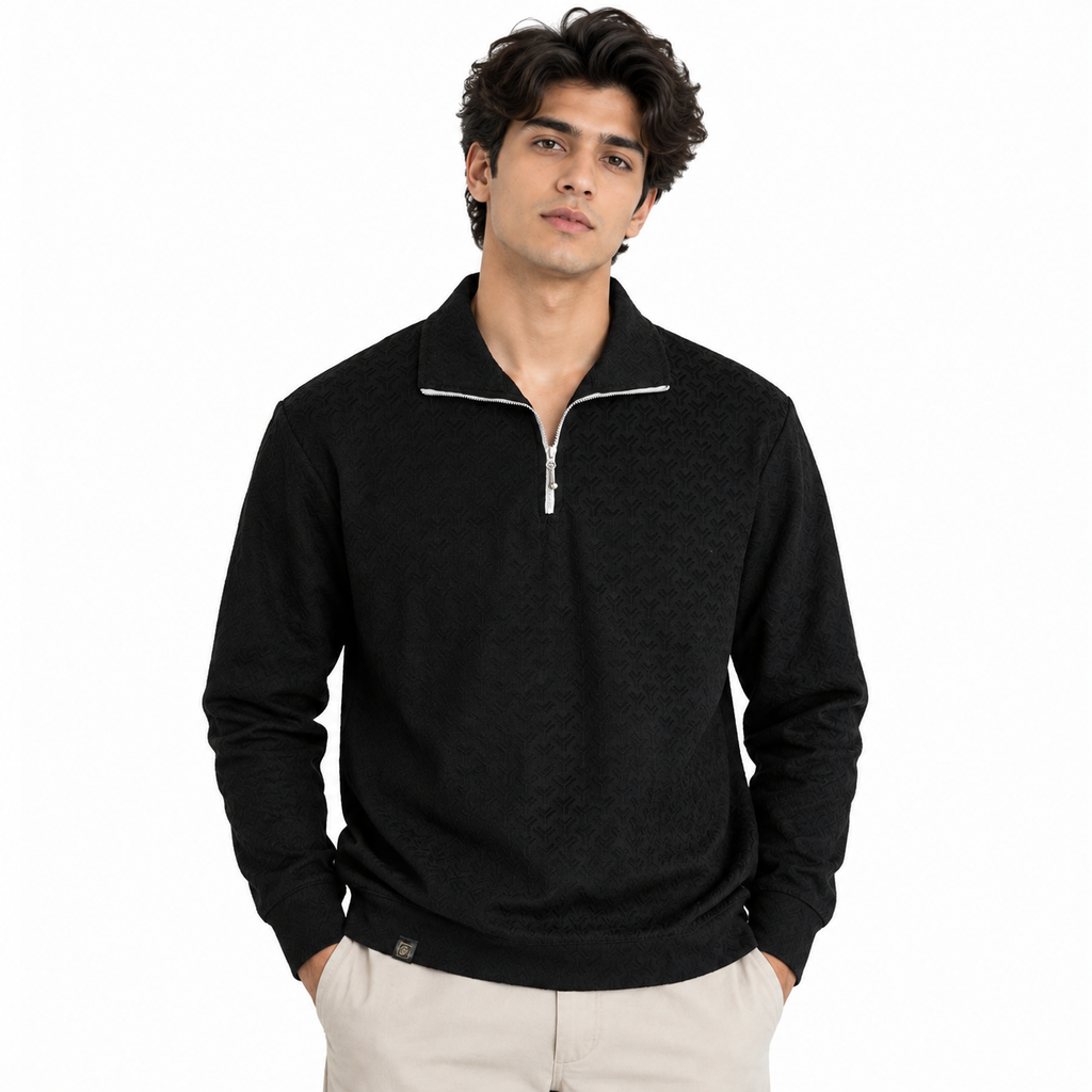 Black Jacquard Quarter-Zip Full Sleeve Tee | Relaxed Fit