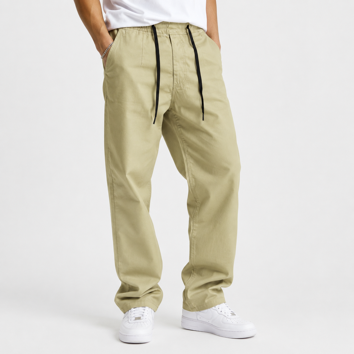 Black Semi-Baggy Straight-Leg Drawstring Trousers | Relaxed Fit Casual Pants