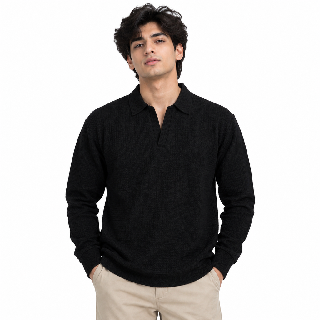 Black Textured Open-Collar Full-Sleeve Polo Tee | Relaxed Fit (Copy)
