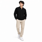 Black Textured Open-Collar Full-Sleeve Polo Tee | Relaxed Fit (Copy)