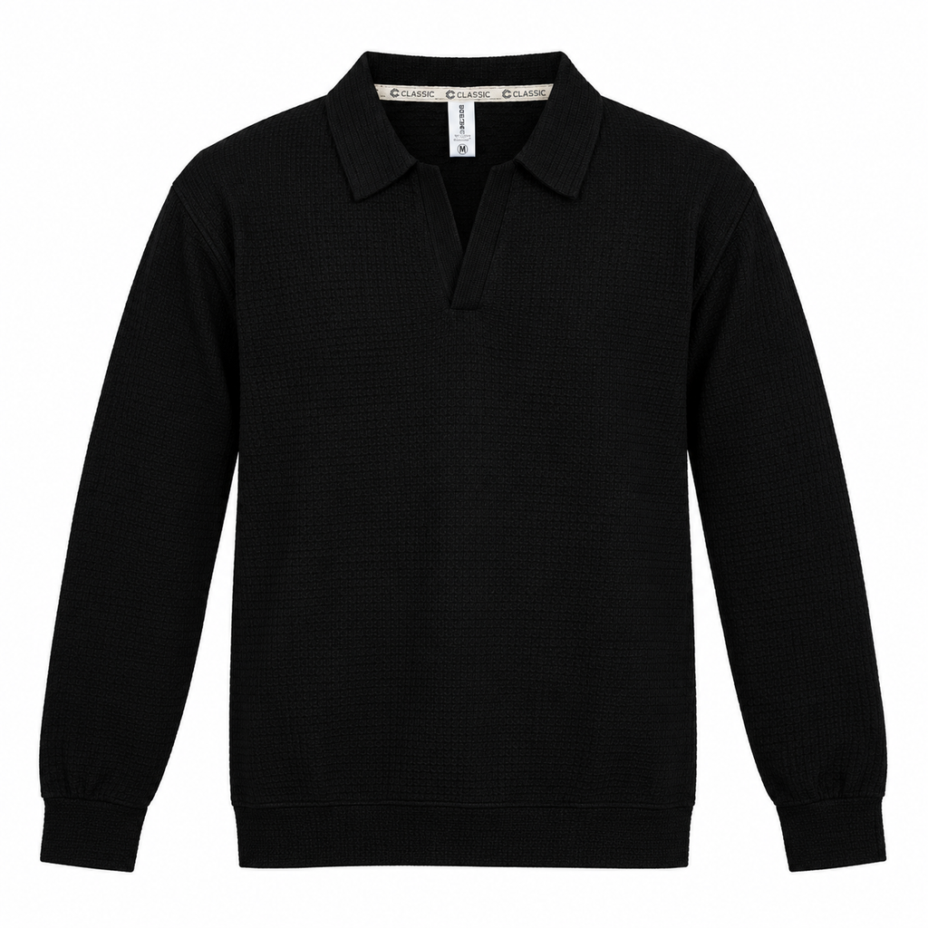 Black Textured Open-Collar Full-Sleeve Polo Tee | Relaxed Fit (Copy)