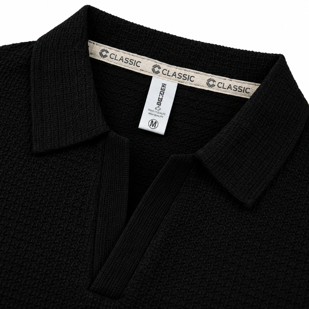 Black Textured Open-Collar Full-Sleeve Polo Tee | Relaxed Fit (Copy)