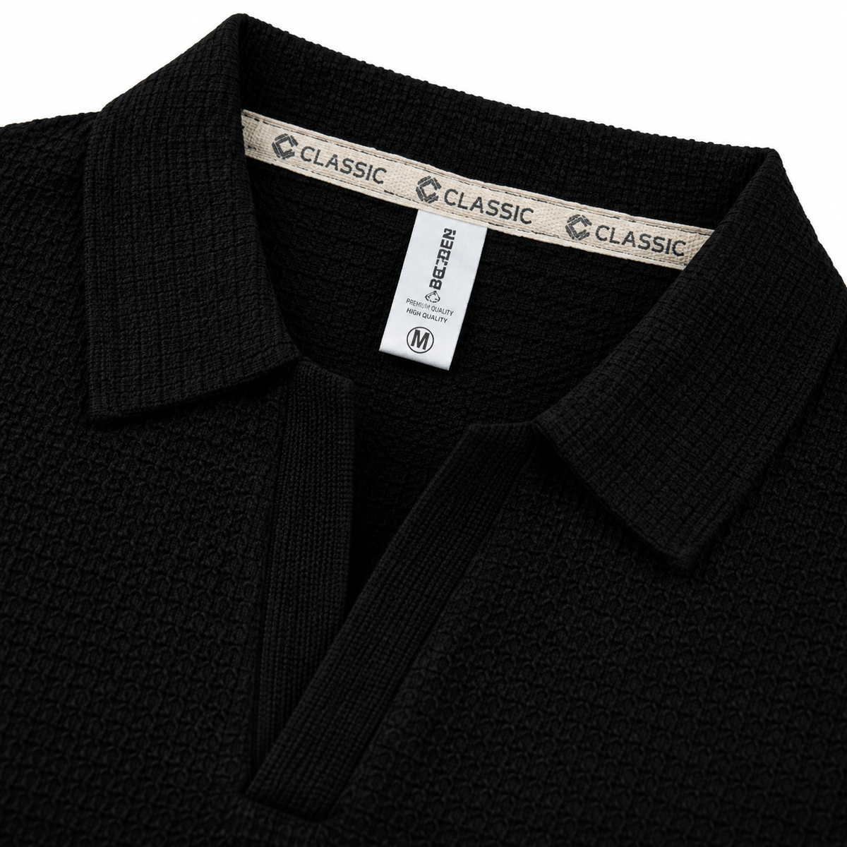 Black Textured Open-Collar Full-Sleeve Polo Tee | Relaxed Fit (Copy)