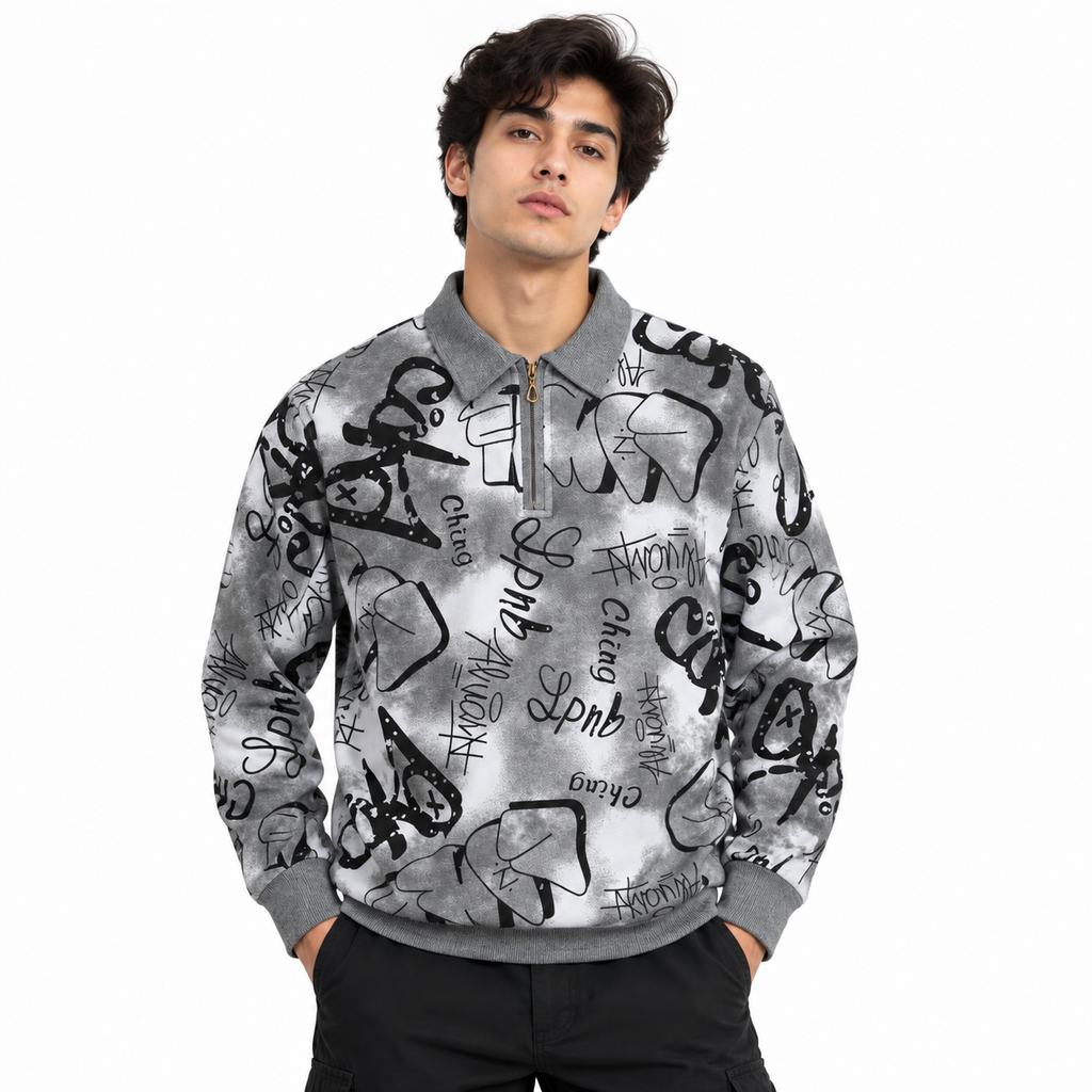 Black & Grey Graffiti Quarter-Zip Full-Sleeve Polo Tee | Relaxed Fit