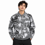 Black & Grey Graffiti Quarter-Zip Full-Sleeve Polo Tee | Relaxed Fit