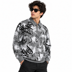 Black & Grey Graffiti Quarter-Zip Full-Sleeve Polo Tee | Relaxed Fit