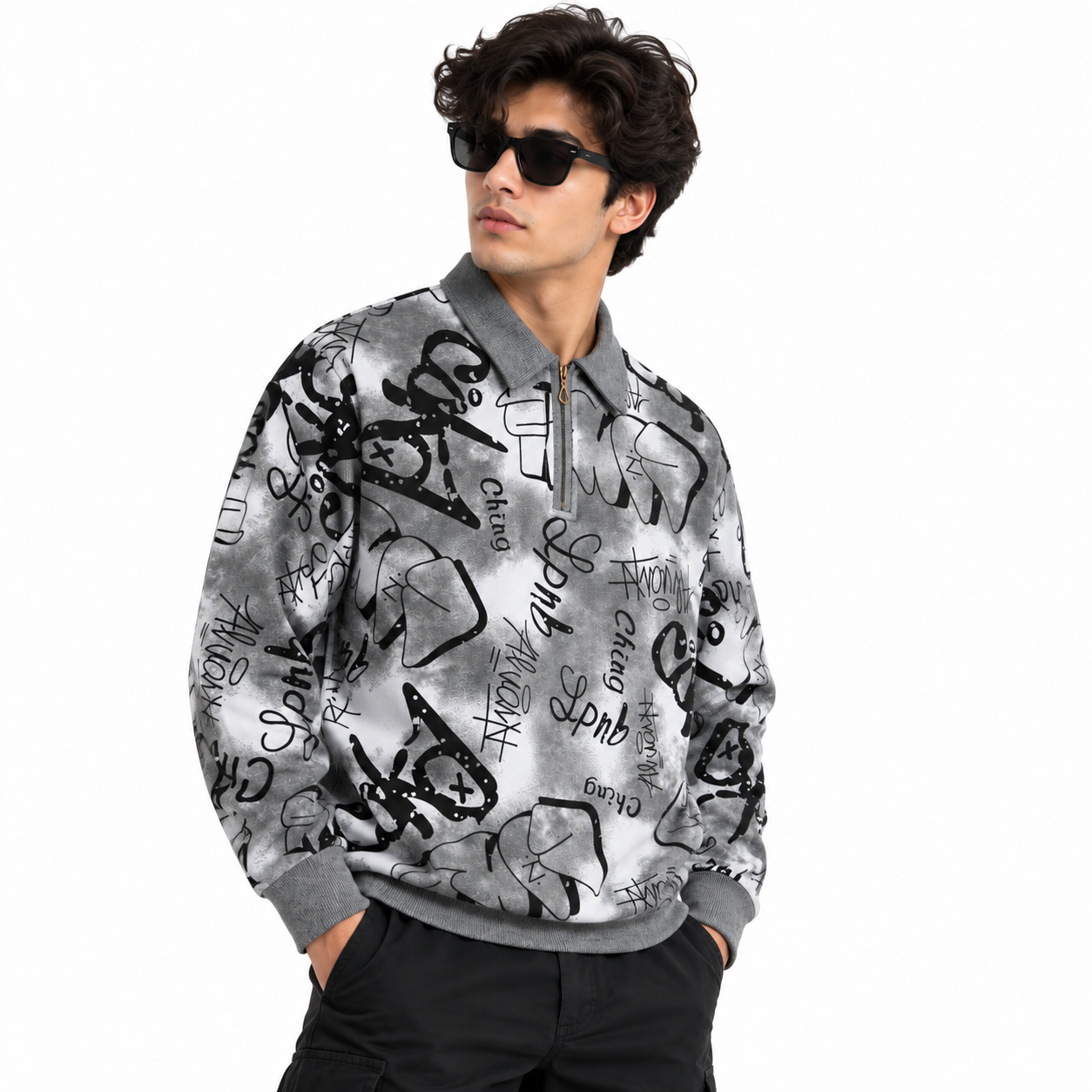 Black & Grey Graffiti Quarter-Zip Full-Sleeve Polo Tee | Relaxed Fit