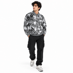 Black & Grey Graffiti Quarter-Zip Full-Sleeve Polo Tee | Relaxed Fit