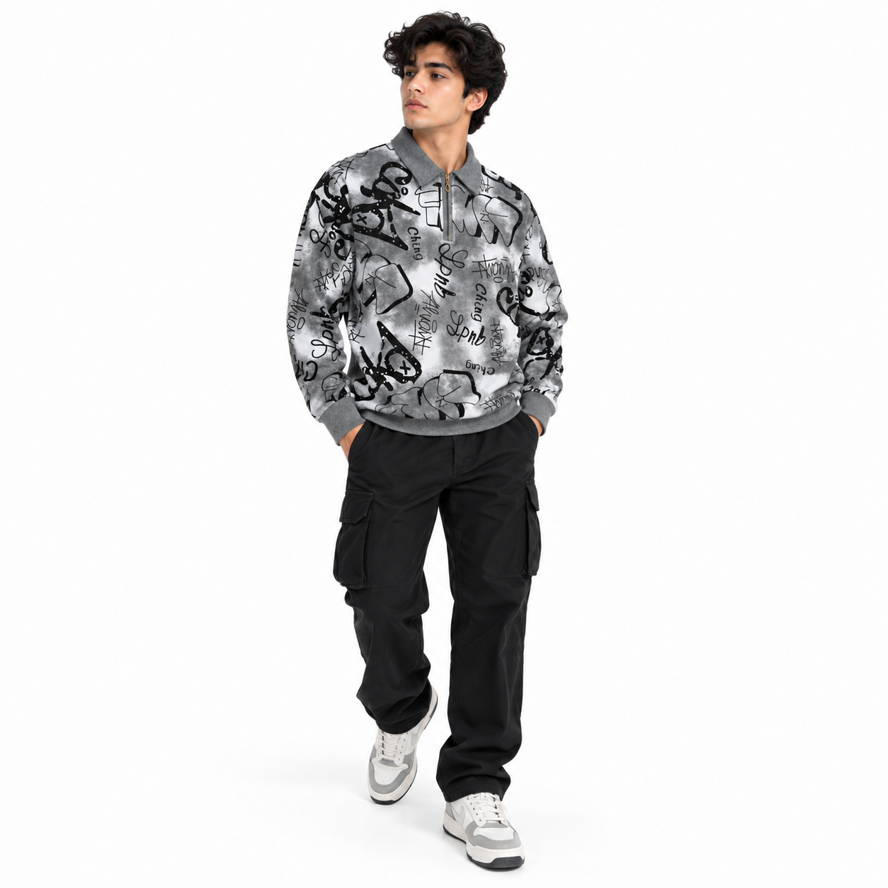 Black & Grey Graffiti Quarter-Zip Full-Sleeve Polo Tee | Relaxed Fit