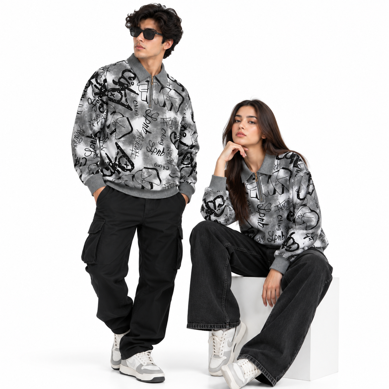 Black & Grey Graffiti Quarter-Zip Full-Sleeve Polo Tee | Relaxed Fit