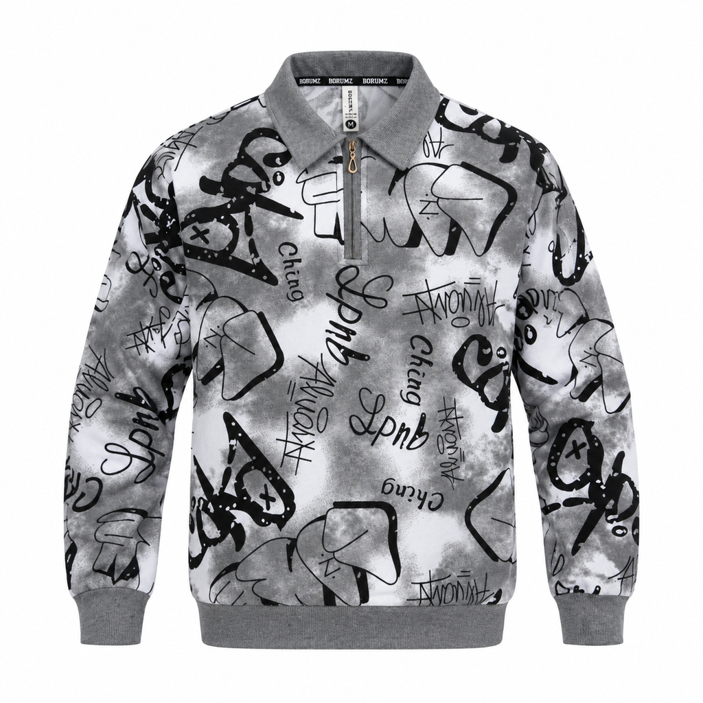 Black & Grey Graffiti Quarter-Zip Full-Sleeve Polo Tee | Relaxed Fit