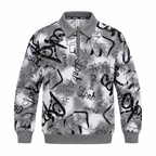 Black & Grey Graffiti Quarter-Zip Full-Sleeve Polo Tee | Relaxed Fit
