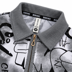 Black & Grey Graffiti Quarter-Zip Full-Sleeve Polo Tee | Relaxed Fit