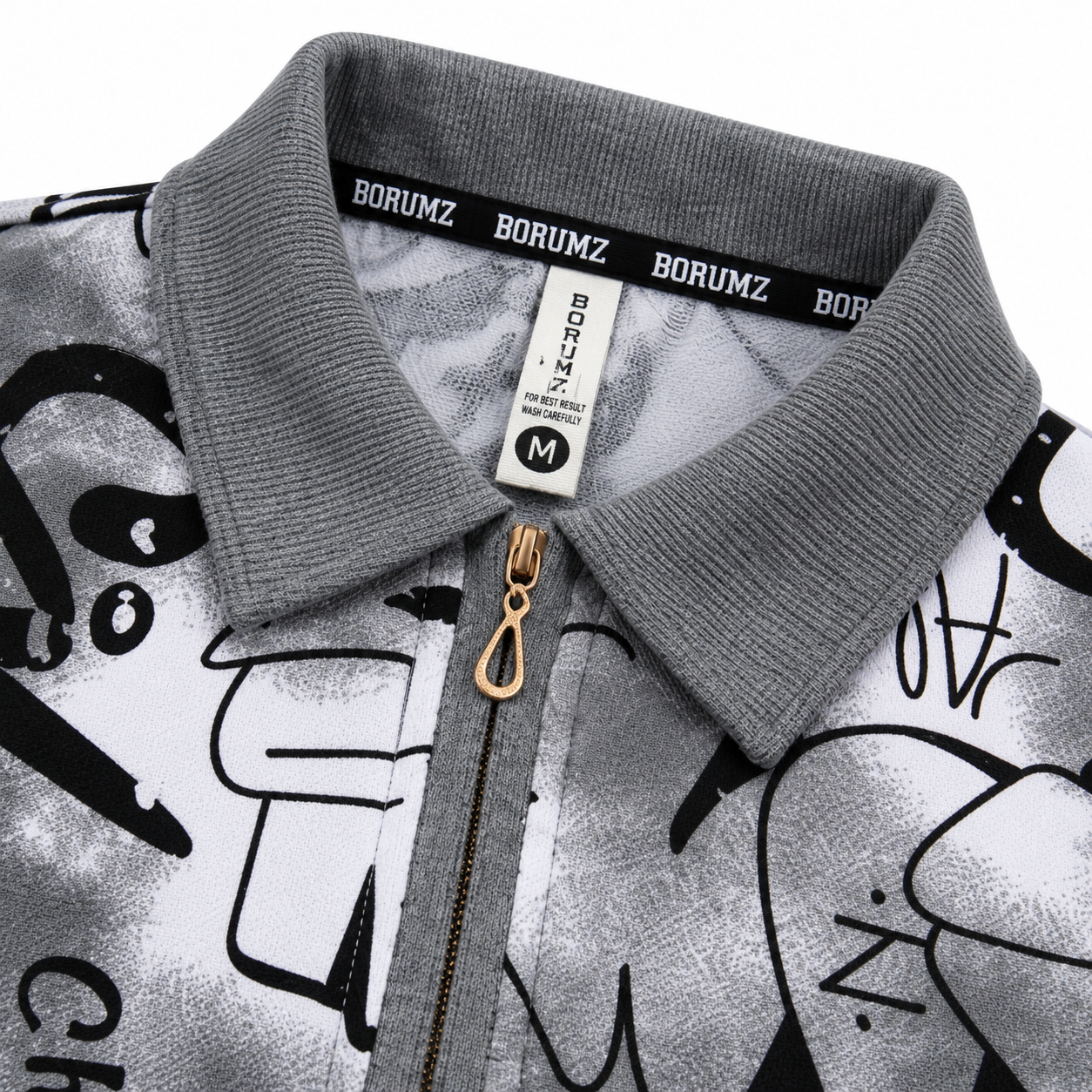 Black & Grey Graffiti Quarter-Zip Full-Sleeve Polo Tee | Relaxed Fit