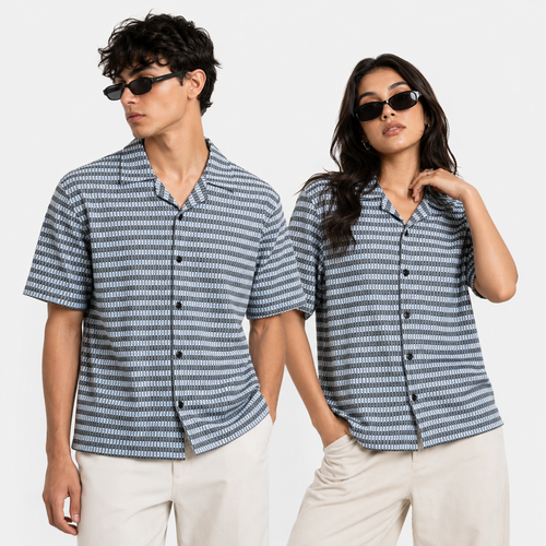 Black & Grey Textured Knit Camp Collar Shirt | Boxy fit