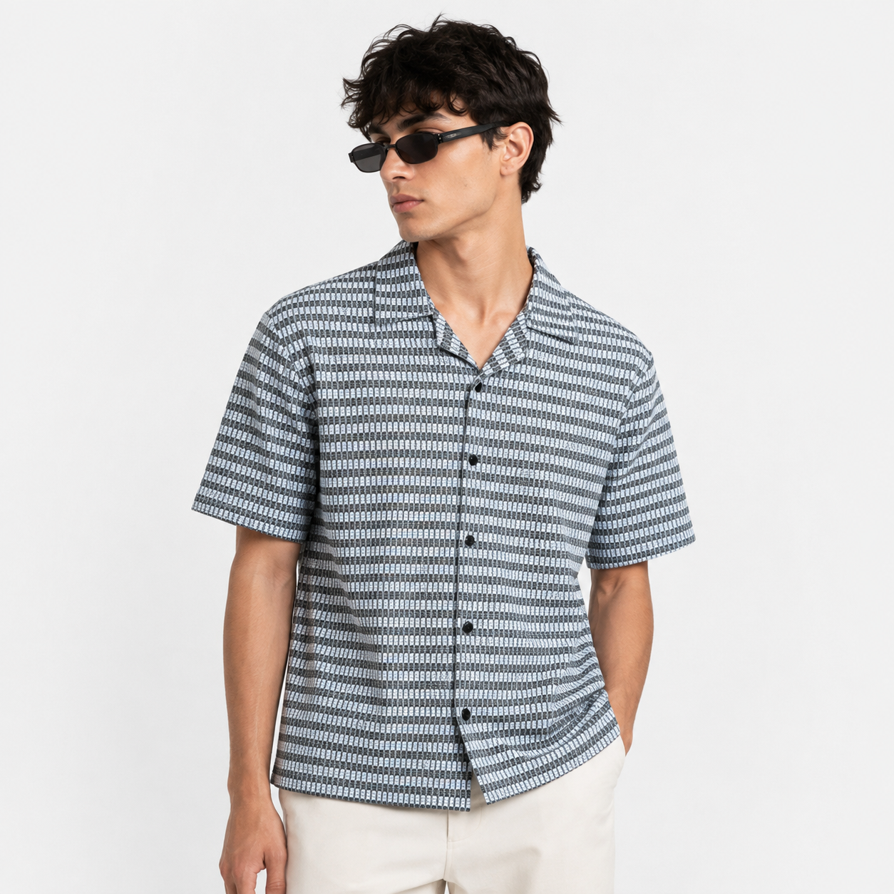 Black & Grey Textured Knit Camp Collar Shirt | Boxy fit