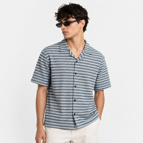 Black & Grey Textured Knit Camp Collar Shirt | Boxy fit