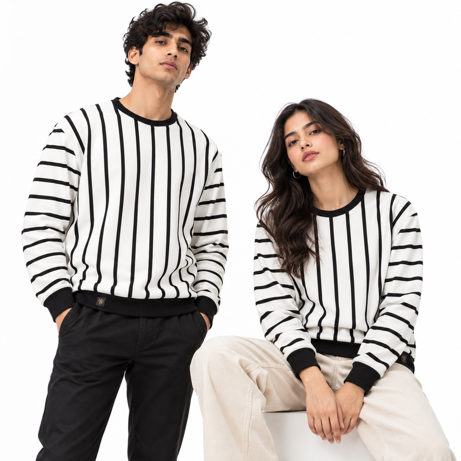 Black & White Striped Crewneck Sweatshirt – Unisex