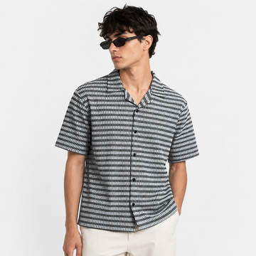 Black & White Textured Knit Camp Collar Shirt | Boxy fit