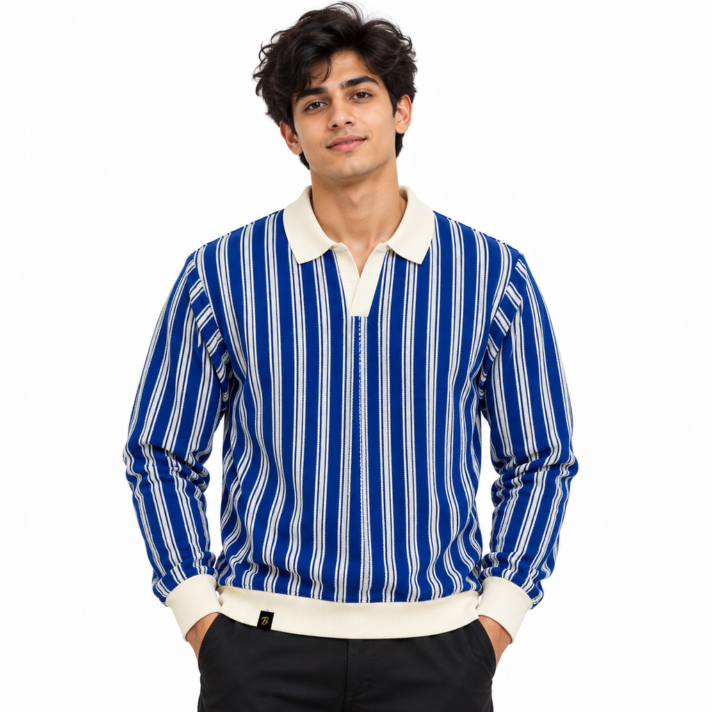 Blue & White Striped Knit Polo Sweatshirt – Unisex