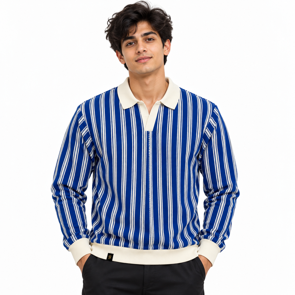Blue & White Striped Knit Polo Sweatshirt – Unisex