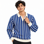 Blue & White Striped Knit Polo Sweatshirt – Unisex