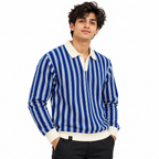 Blue & White Striped Knit Polo Sweatshirt – Unisex