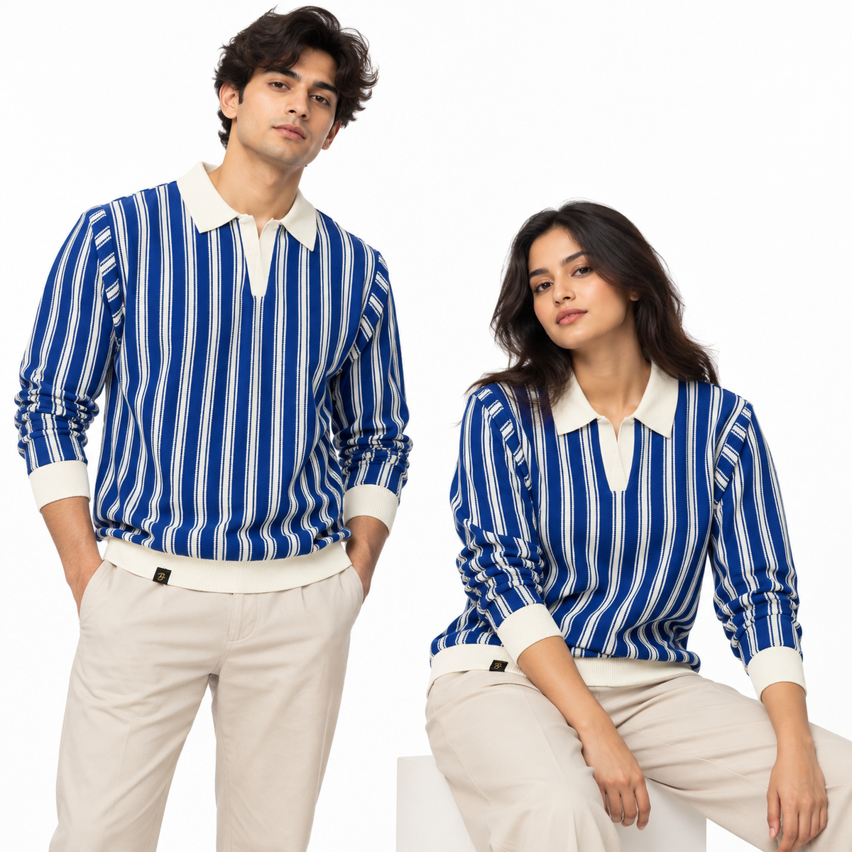 Blue & White Striped Knit Polo Sweatshirt – Unisex