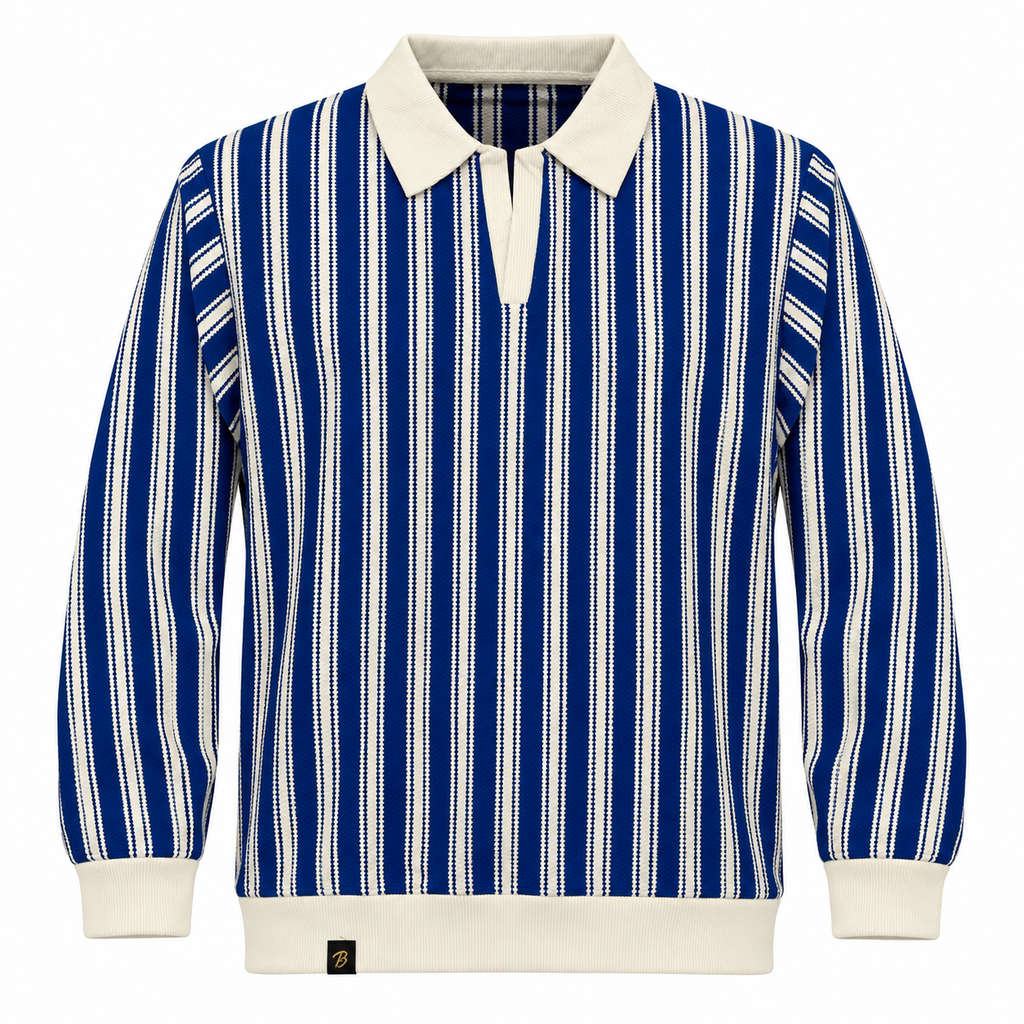 Blue & White Striped Knit Polo Sweatshirt – Unisex