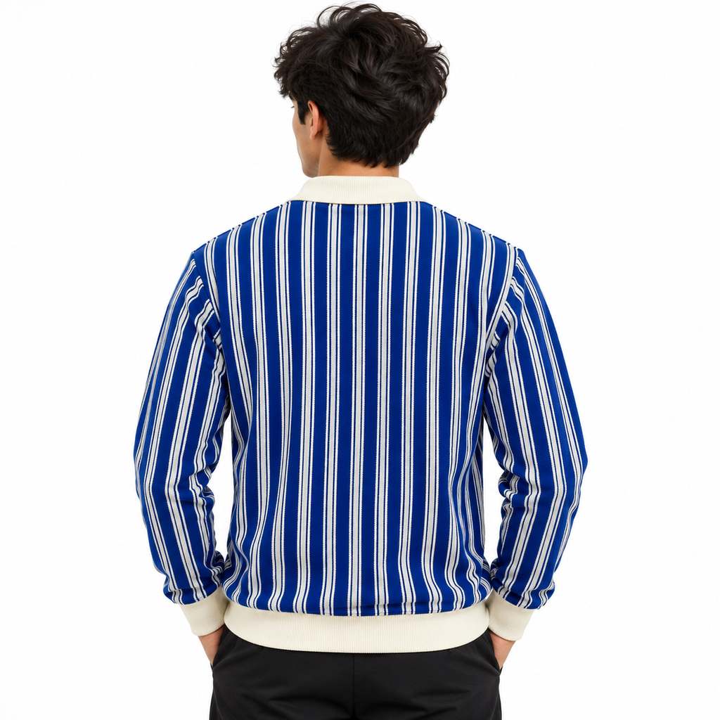 Blue & White Striped Knit Polo Sweatshirt – Unisex