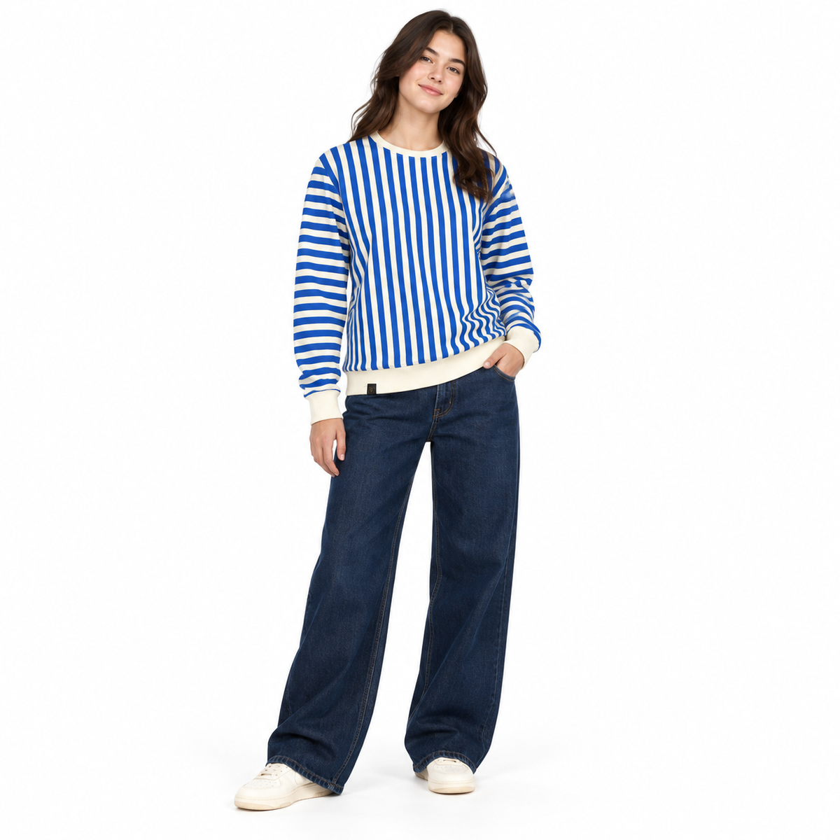 Blue & Cream Stripe Full-Sleeve Tee | Relaxed Fit