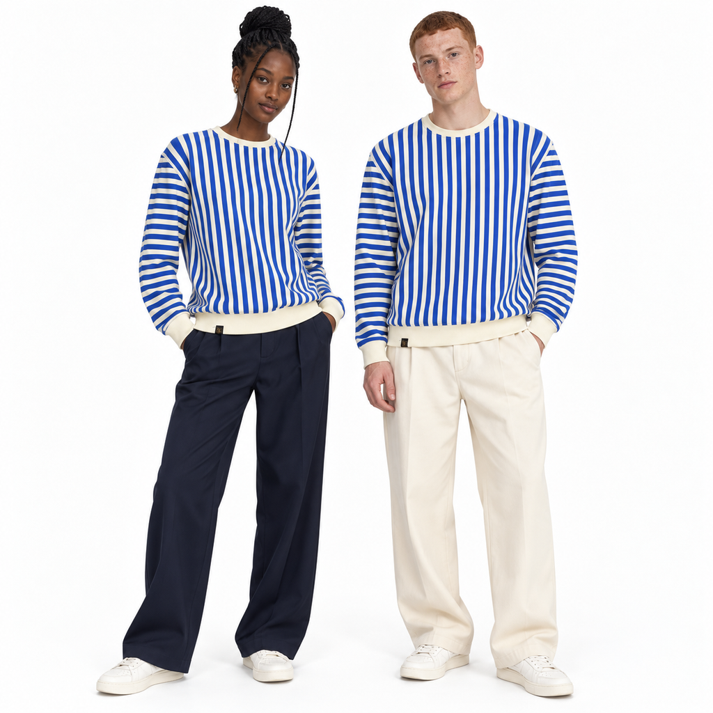 Blue & Cream Stripe Full-Sleeve Tee | Relaxed Fit