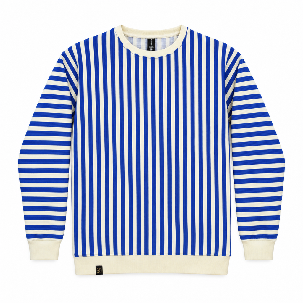 Blue & Cream Stripe Full-Sleeve Tee | Relaxed Fit