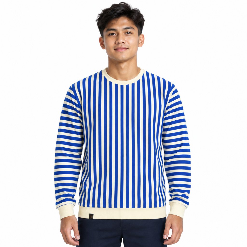 Blue & Cream Stripe Full-Sleeve Tee | Relaxed Fit