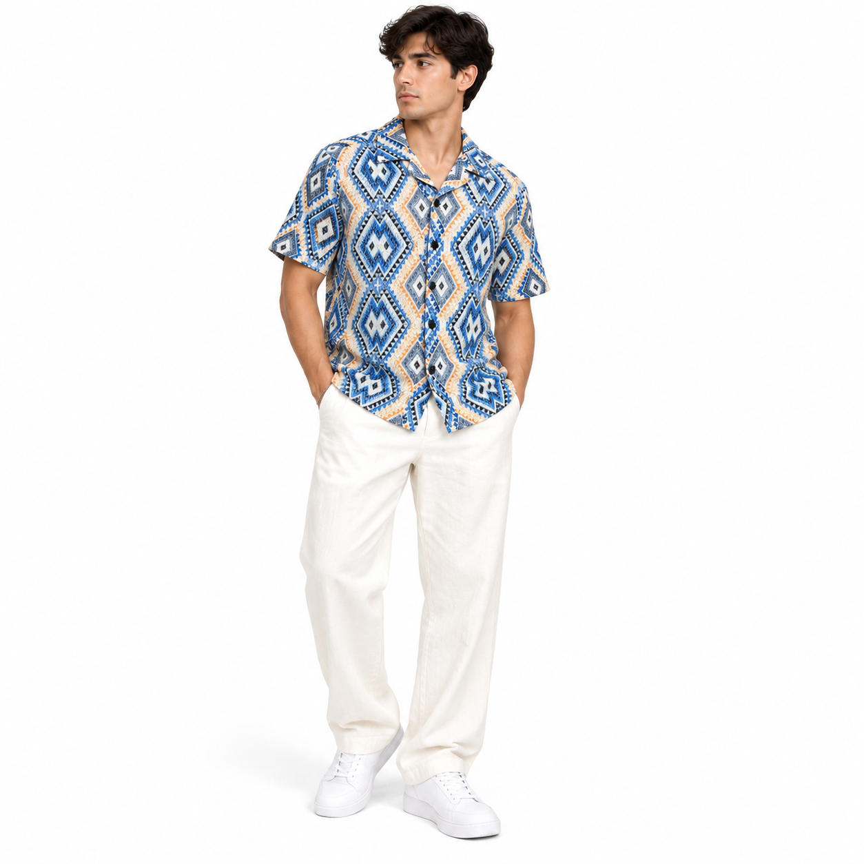 Borumz Crochet-Inspired Geometric Print Cuban Collar Shirt