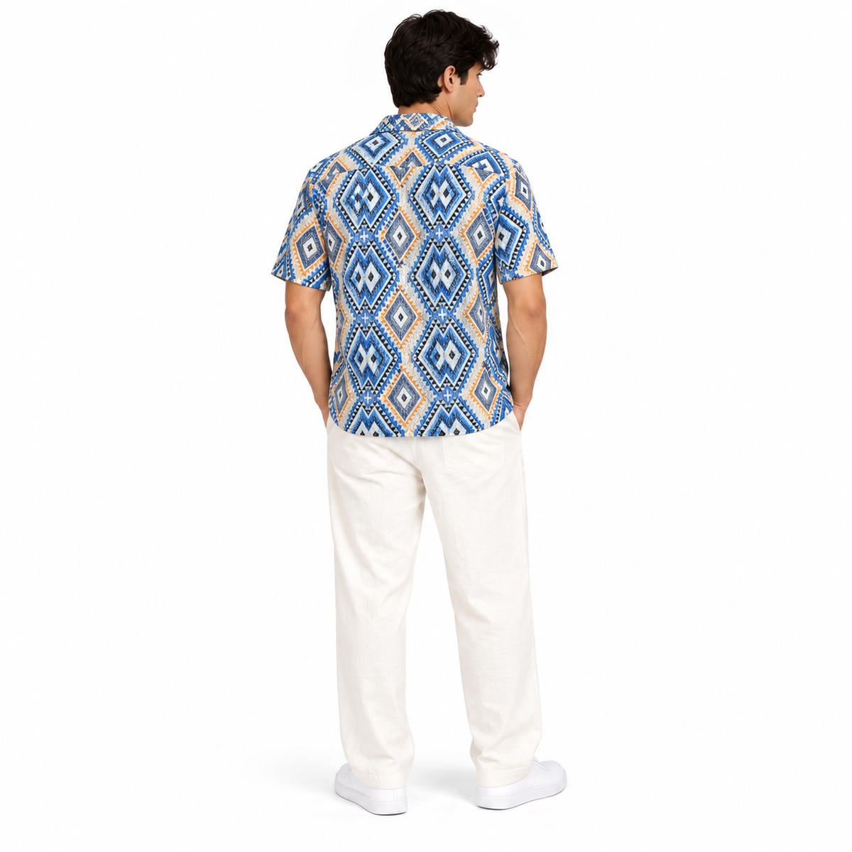 Borumz Crochet-Inspired Geometric Print Cuban Collar Shirt