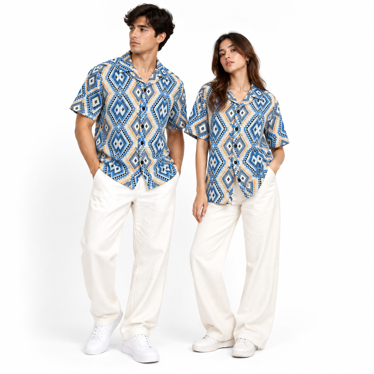 Borumz Crochet-Inspired Geometric Print Cuban Collar Shirt