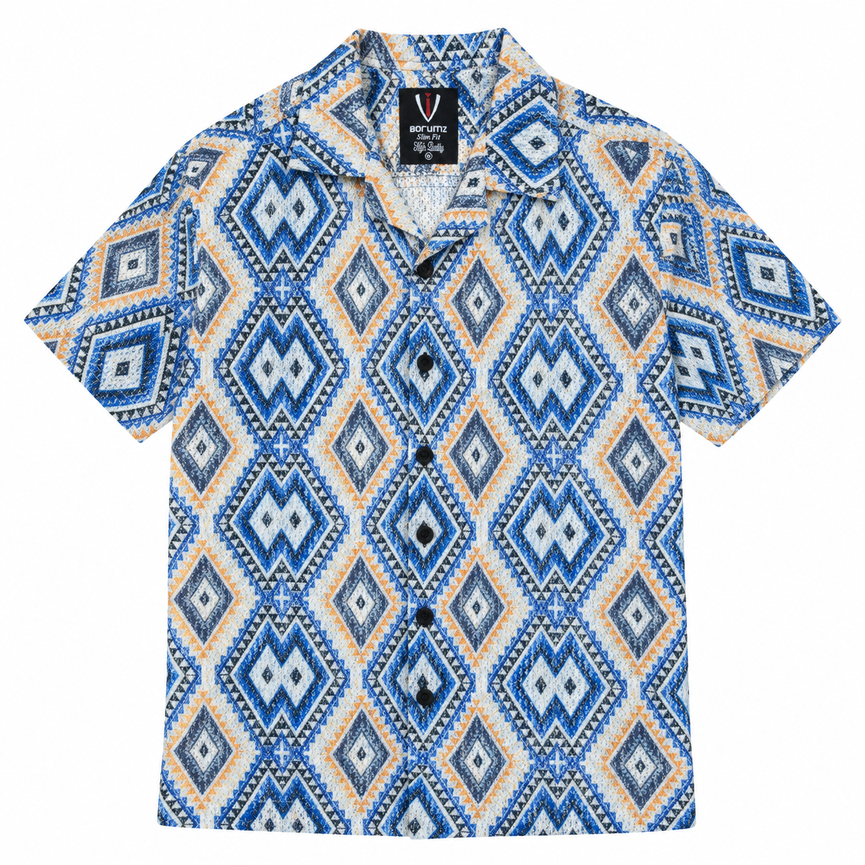 Borumz Crochet-Inspired Geometric Print Cuban Collar Shirt